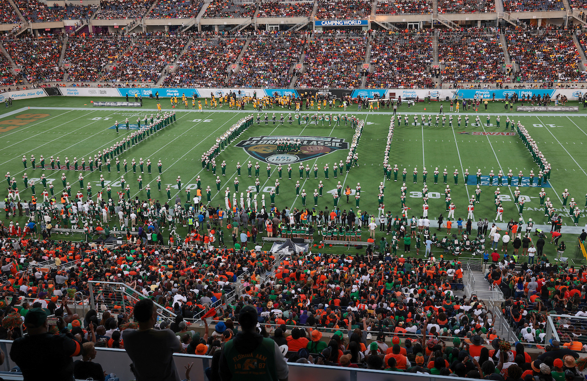 Marching 100 spelling out 100 on football field